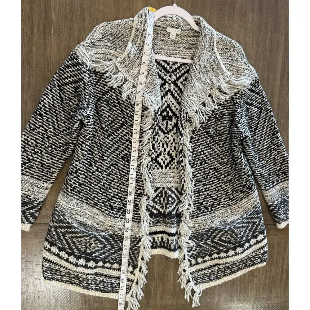 J. Jill Sweater Fringe Trim Open Cardigan Wool Blend Western Chunky Boho Size SP